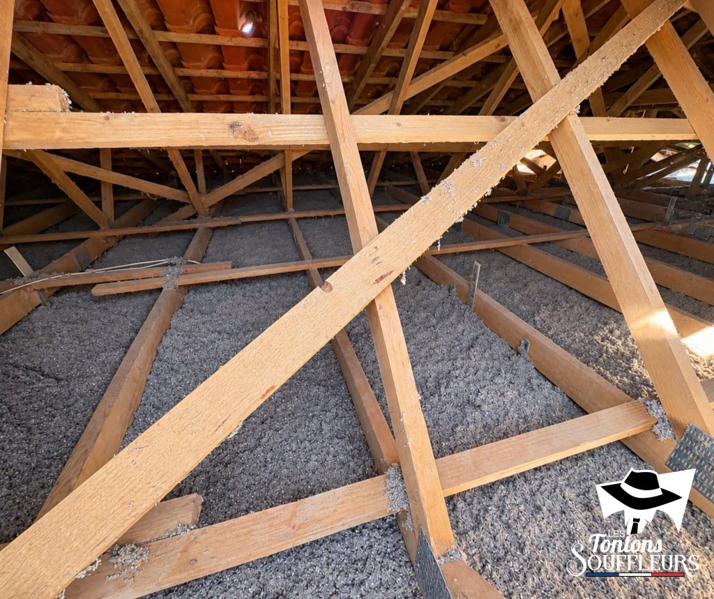 Vue d'ensemble de combles dont le sol est recouvert d'une couche régulière de ouate de cellulose grise, sous une charpente en bois et une toiture en tuiles